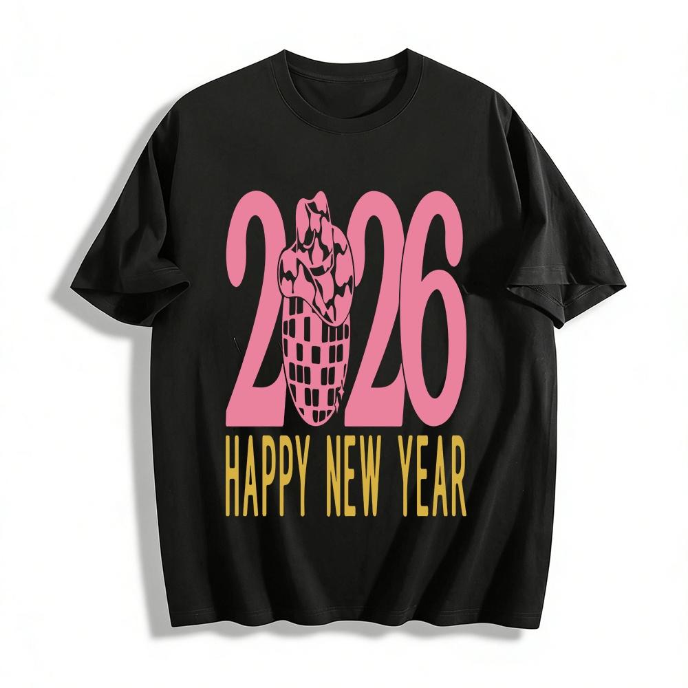 2026 Happy New Year Pink Disco Cowboy Hat Print Casual Top Pure cotton T-shirt XXS
