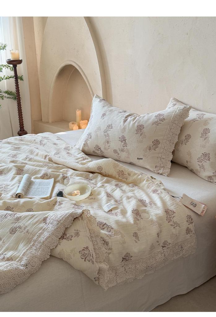 Summer Retro Cotton Linen Lace Design Thin Quilt - Machine Washable Air Conditioning Blanket