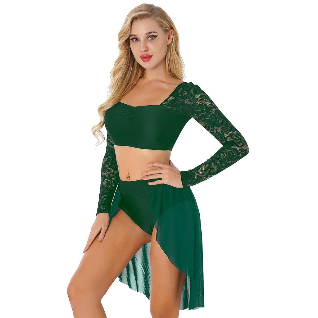 Women Lyrical Dance Costume Lace Sleeves Crop Top Chiffon Flowy Skirted Leotard Two Piece Outfit