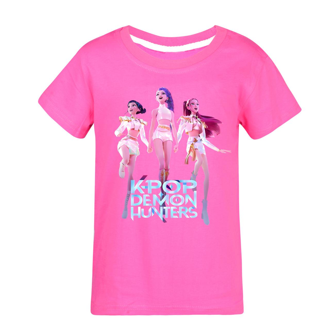 HerSight KPop Duiveljager T-shirt Meisje Zomer Nieuw Filmpatroon Korte Mouw Ronde Hals Comfortabel Zacht T-shirt 120 rozerode kleur