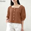 ZANZEA Damen Freizeit Quadratischer Kragen Locker Sommer Halbarm Bluse