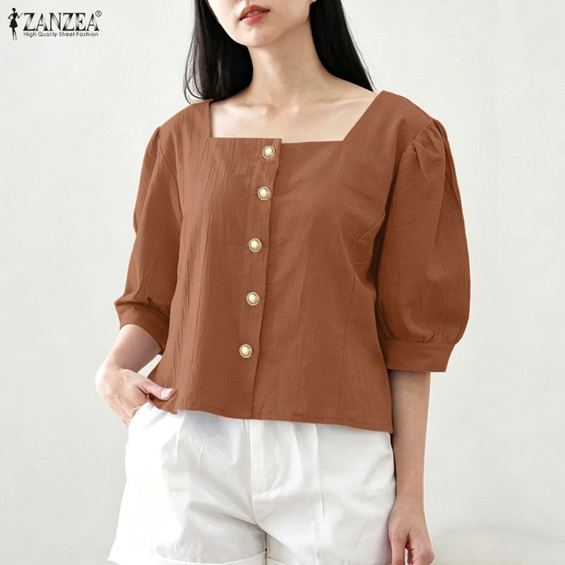 ZANZEA Damen Freizeit Quadratischer Kragen Locker Sommer Halbarm Bluse