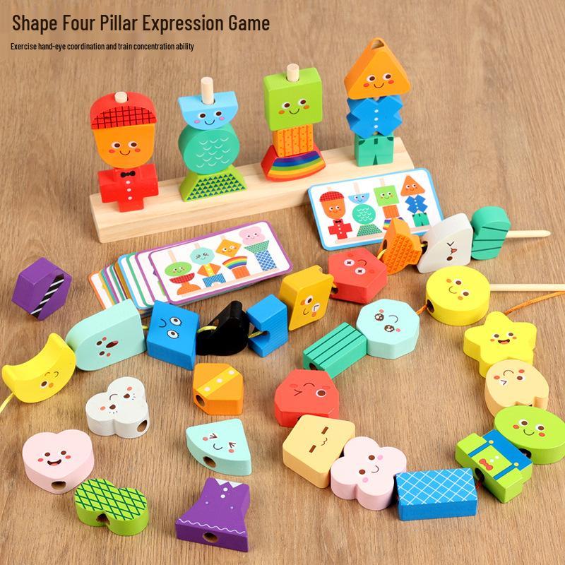 

Wooden Children s Stringing Toys: 5-Set Sensory & Shape Building Blocks