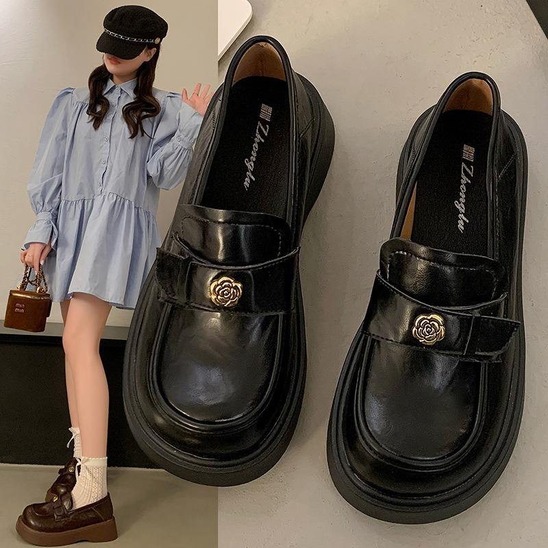 Round Head Brown Thick Heel Platform Small Leather Shoes Women's Spring and Autumn New One-pedal Loafers