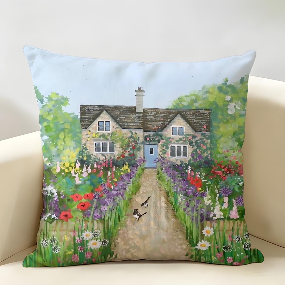 Retro Springtime Village Plants Cushion Cover Natural Linen Organic Fabric DoubleSided Printing Room Sofa Decor Pillow Case