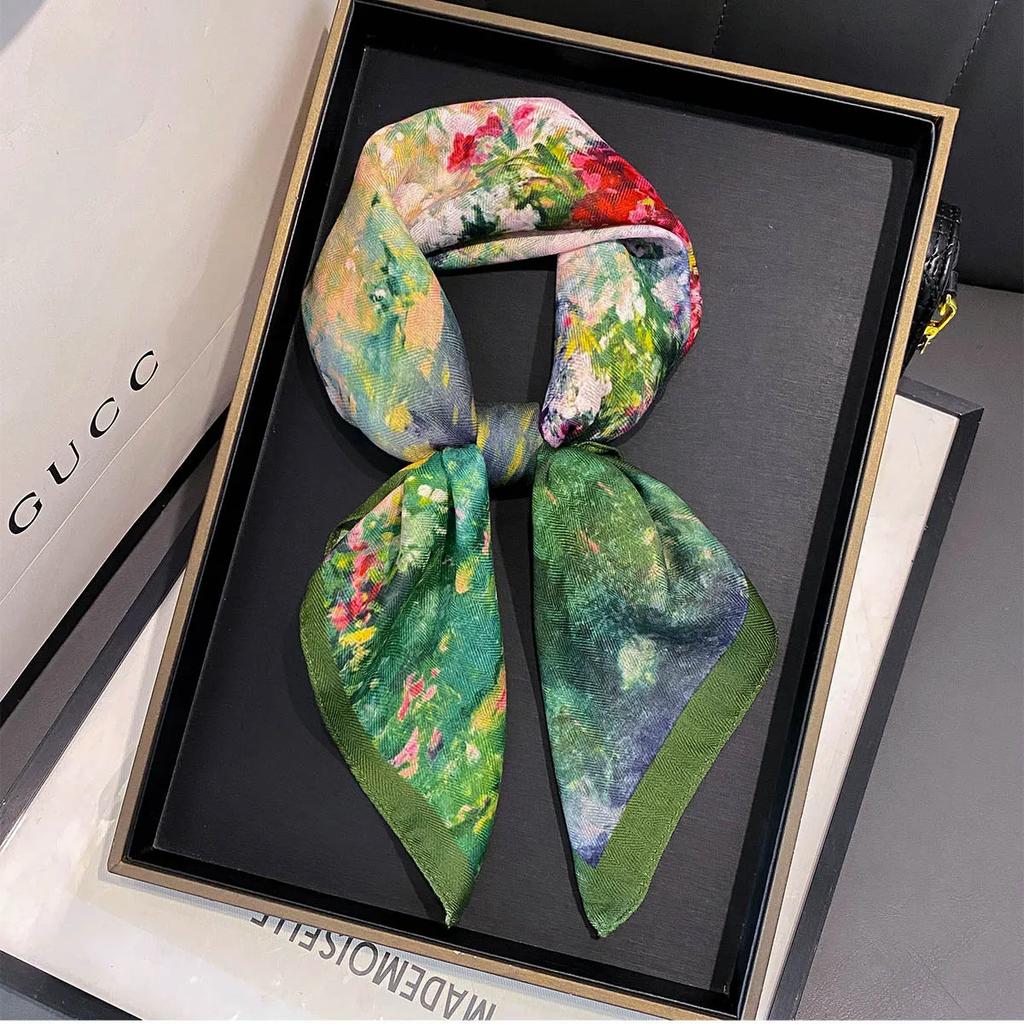 Retro Oil Painting Print Head Scarf for Women Wraps Cotton Feel Hijab Warm Spring Autumn Soft Square Foulard Bandana Neckerchief