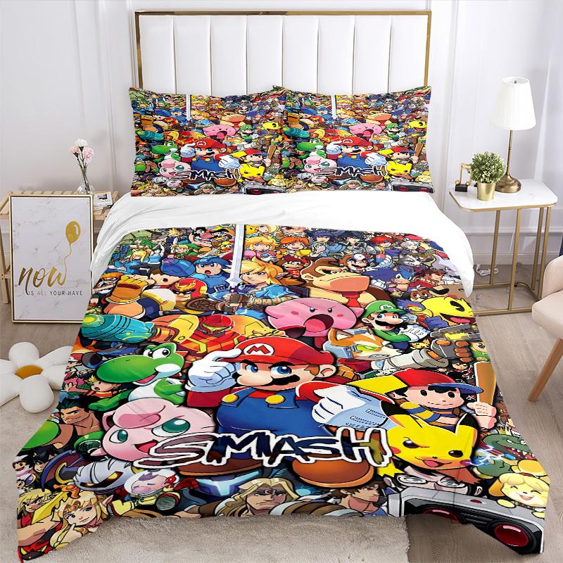 3dílná sada povlečení Mario Gamer Gaming Obsahuje 1 přikrývku + 2 povlaky na polštář, Bez výplní do polštářů, Měkká pohodlná, Lehká prodyšná,