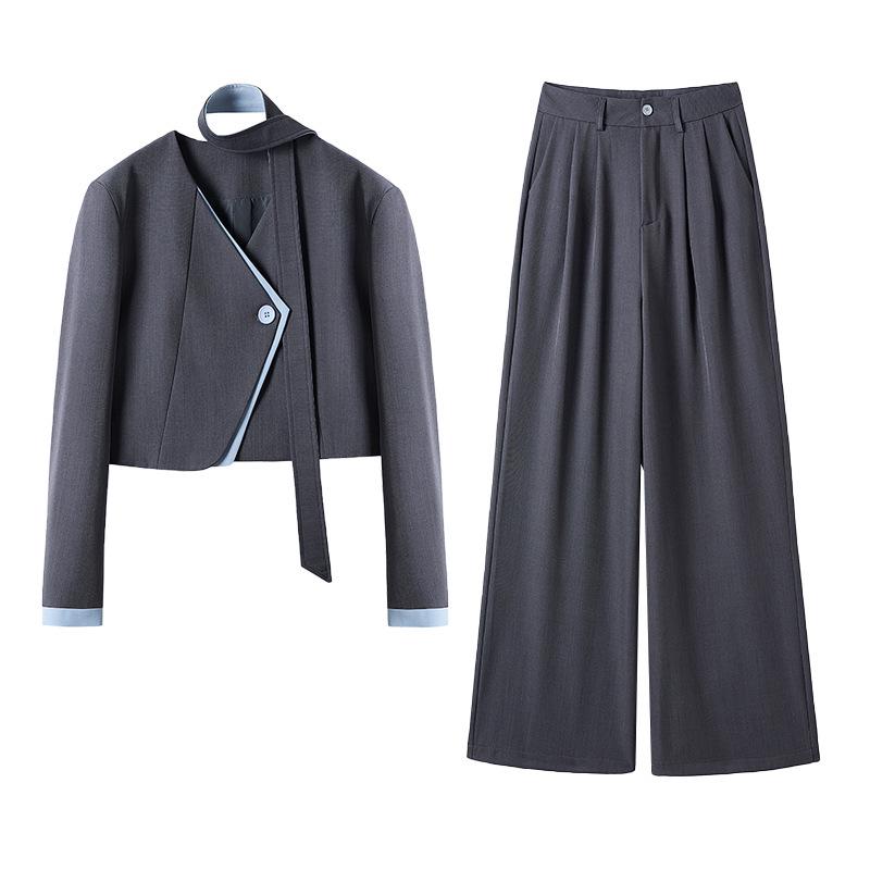 Stylish Spring 2025 Women's Patchwork V-neck Jacket & Wide-leg Pants Two-piece Set