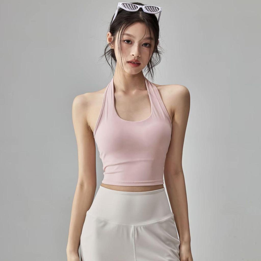 Women's Halter Neck Yoga Tank Top with Chest Pads & Cross Straps - Sexy Fitness Camisole Crop for Pilates