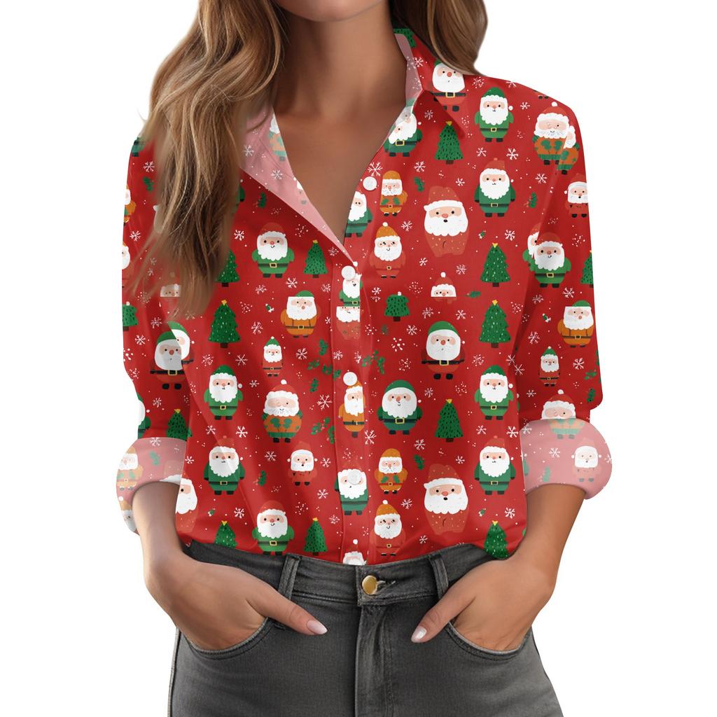 Dame juleskjorte med trykk, avslappet passform, halvåpen krage, lange ermer