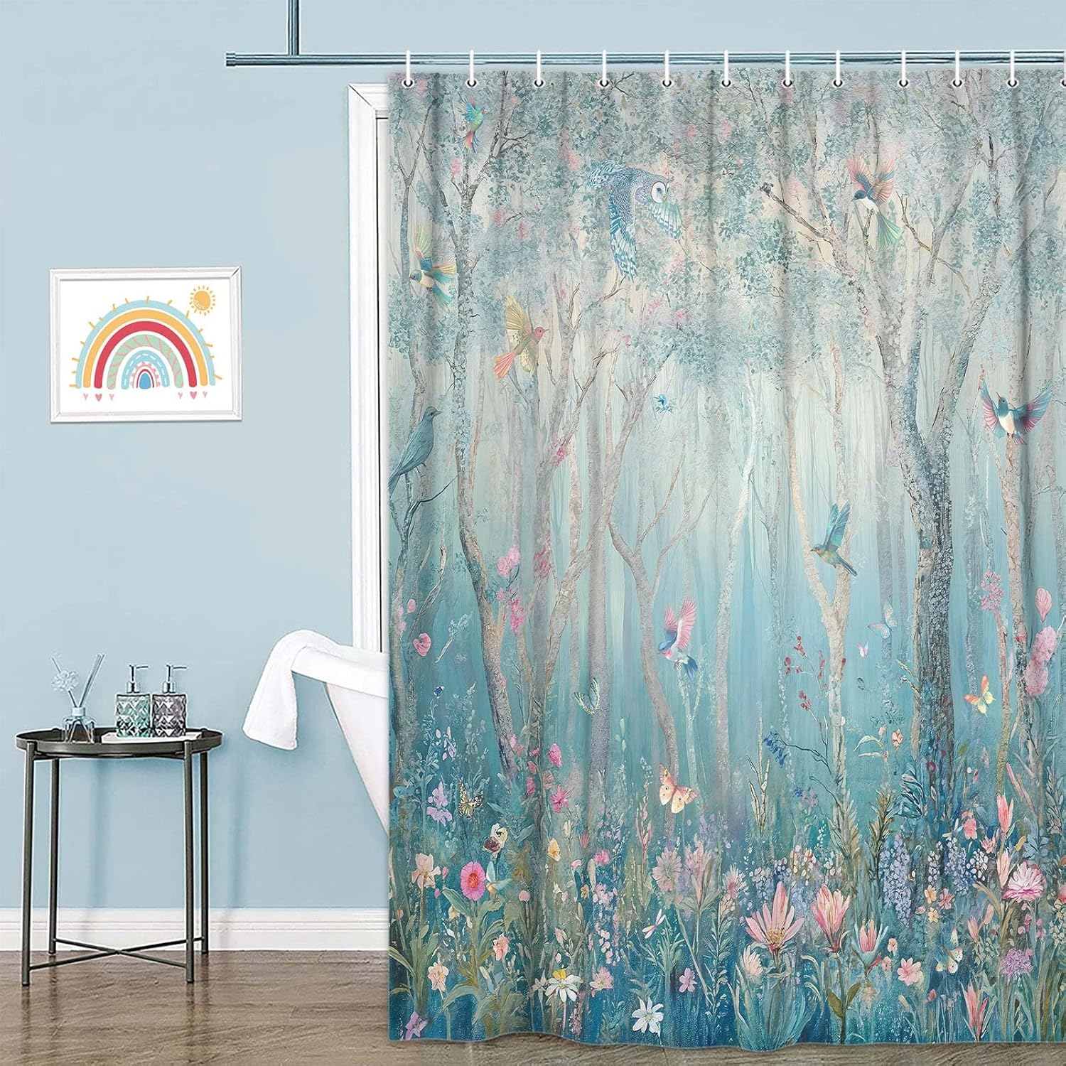 

Enchanted Forest Shower Curtain, Vibrant Fairytale Woodland Jungle With Tree Bird Flowers Plant Fabric Christmas Curtains For W60H190(CM)-1 Pcs
