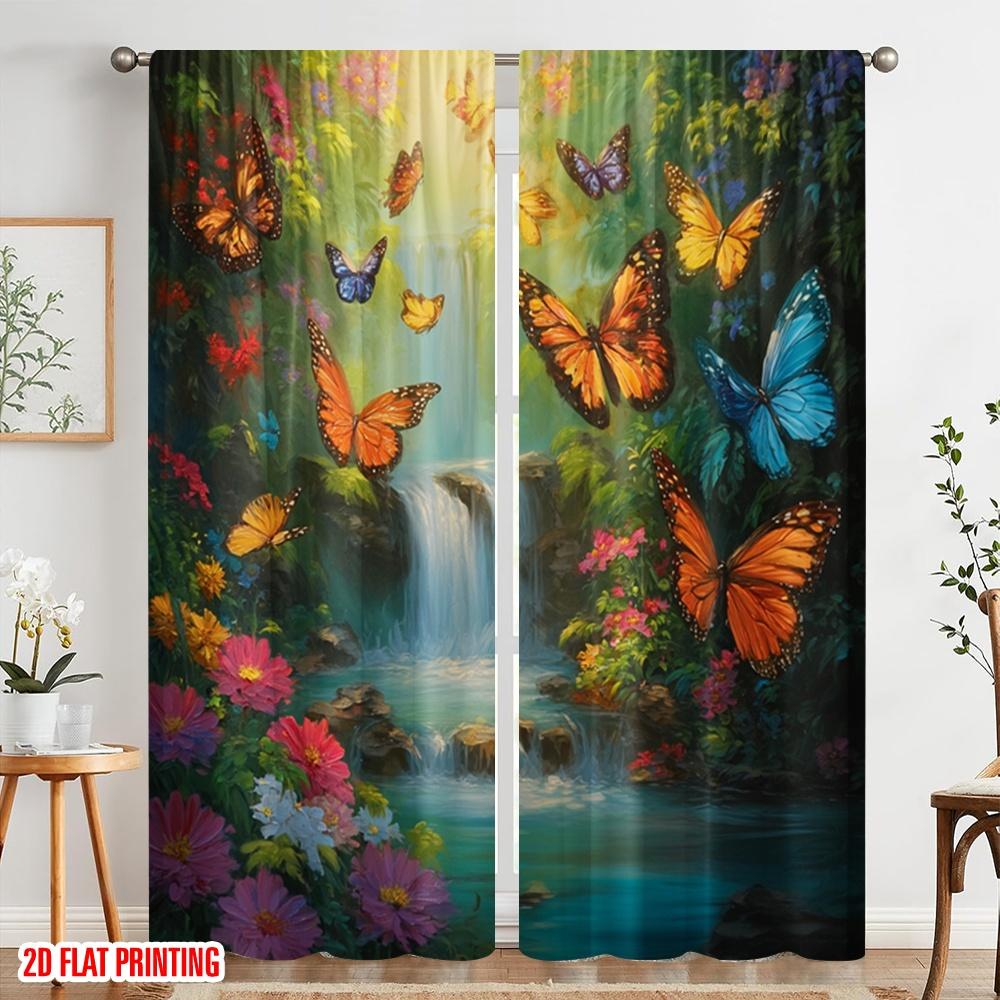 2pcs,2D Plane Printing Light Filtering Curtains Butterfly Paradise 100% Polyester (without Rod) Festive for Bedroom Living Room