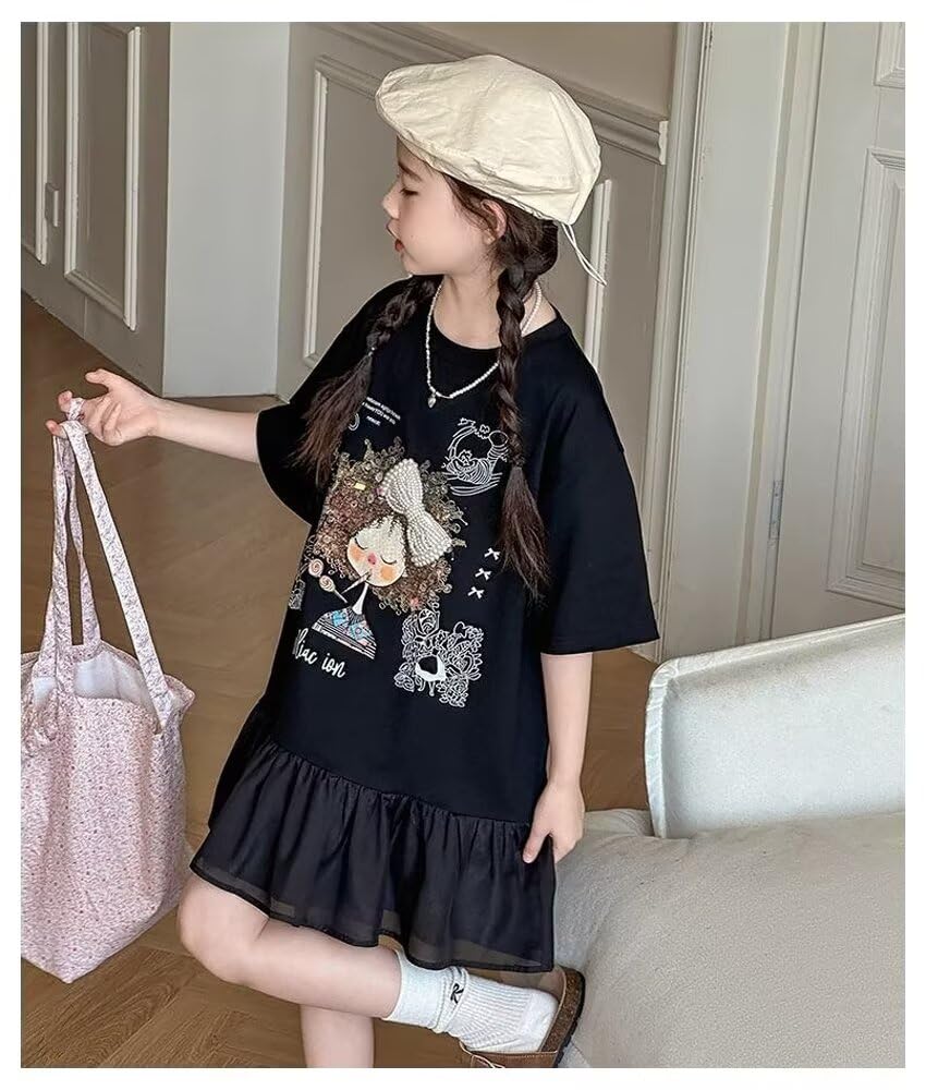 Kuhvvse Short Loose Plus Sizes Kids' Dress, Girls' Sleeve, Summer, Fit, Sizes, Cute, Stylish, Casual, 120-170 (Size 140, Black)