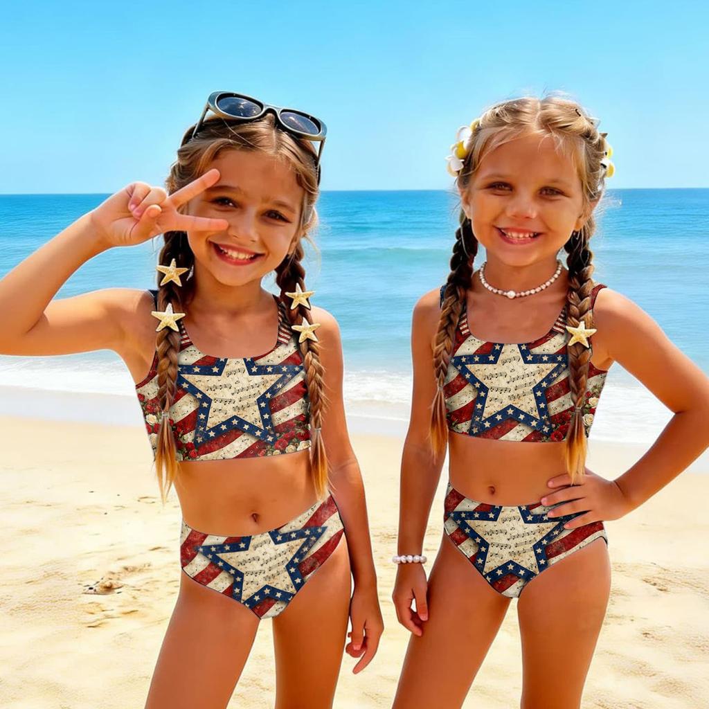 Conjunto de Bikini de Dos Piezas para Niñas, Top Tankini y Braguita, Ropa de Baño de Verano para Niños, Traje de Baño con Estampado del Día de la Independencia