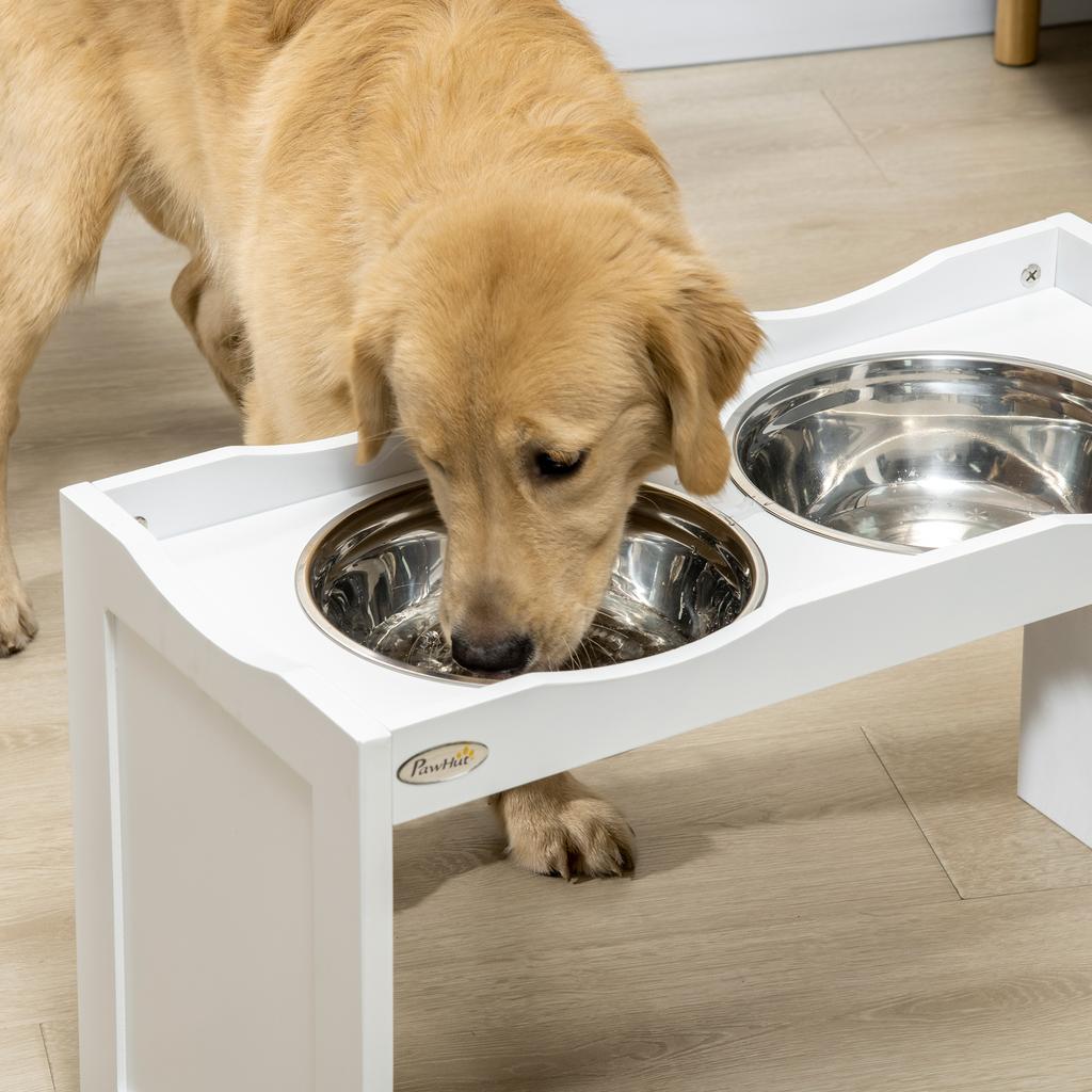 Feeding station, bowl stand, 2 feeding bowls of 2 liters each, stainless steel, for large dogs, white, 63 x 30 x 24cm