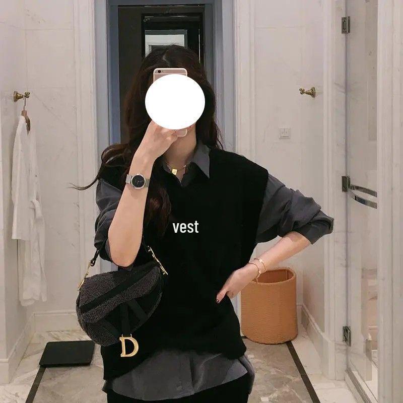 Korean Style V-Neck Vest & Long-Sleeve Blouse Set for Women - Casual Spring/Autumn Wear