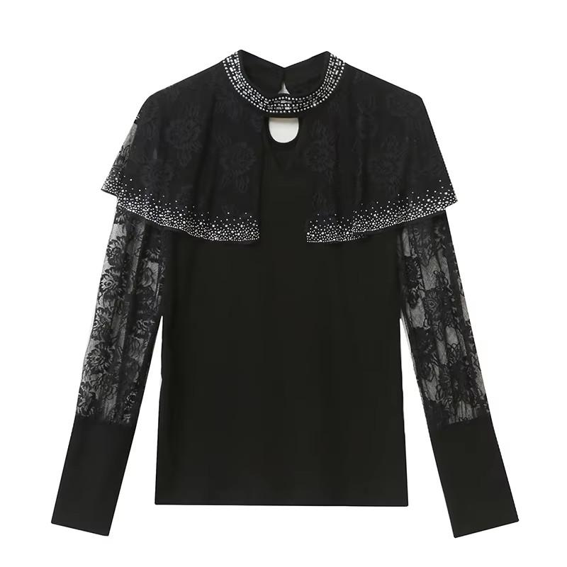 New Spring Autumn European Women Fashion Shiny Hot Diamonds Bling Mesh T-Shirt Chic Sexy Lace Long Sleeve Black Tops Streetwear Girl Tees