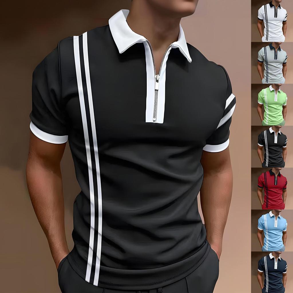 Men's Casual Striped Zipper-Collar Short-Sleeve Shirt