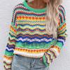 Loose Casual Women Sweater Round Neck Long Sleeve Contrasting Color Stripe Knitted Top