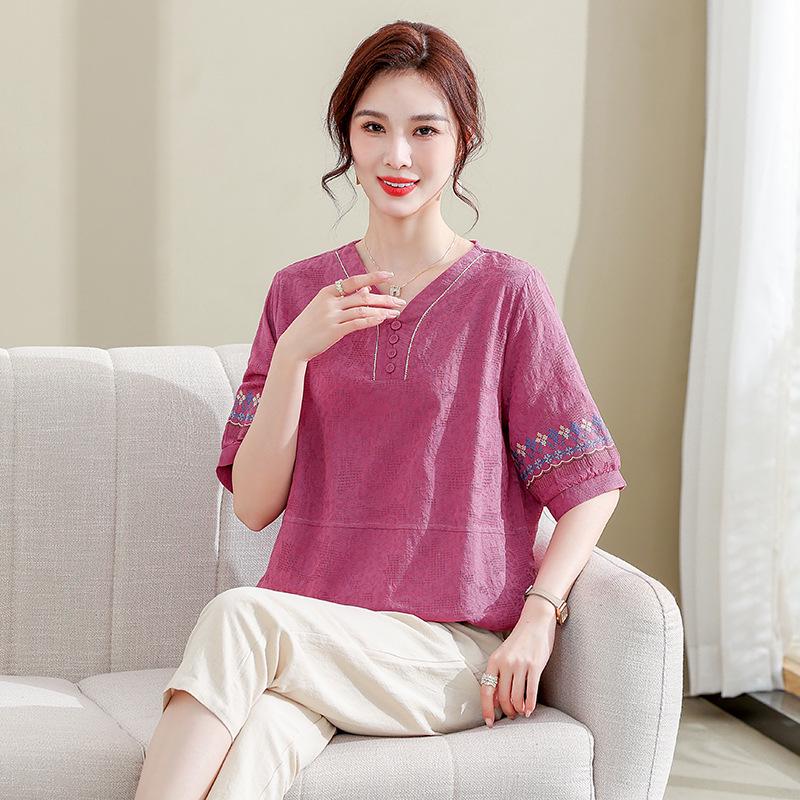 

2026 Summer Artistic Retro Print V-neck Plus Size Casual Short Sleeve Women s Top XL (for 45-52.5 kg) фіолетовий