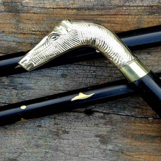 Solid Brass Horse Head Handle Handmade Style Wooden Stick Walking Shaft Cane
