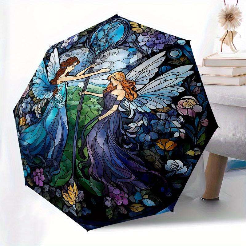 Enchanted Garden Fairy Stained Window PanelUmbrella, Portable 3-Fold Compact Umbrella for Men & Women Gift
