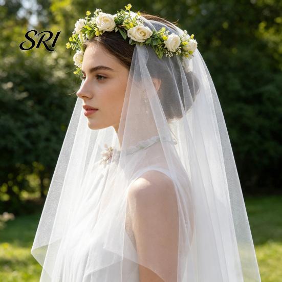 Kids Party Headwear Bridal Veil Lightweight Breathable White Tulle Headband with Bows Flowers Decor Children Versatile Hair Accessory
