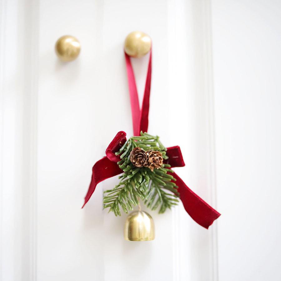 Christmas Bell Pendant with Velvet Bow and Pine Cone Tree Decoration