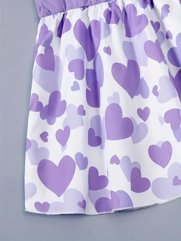 European & American Style Girls' Short Sleeve Heart Print Knitted Dress