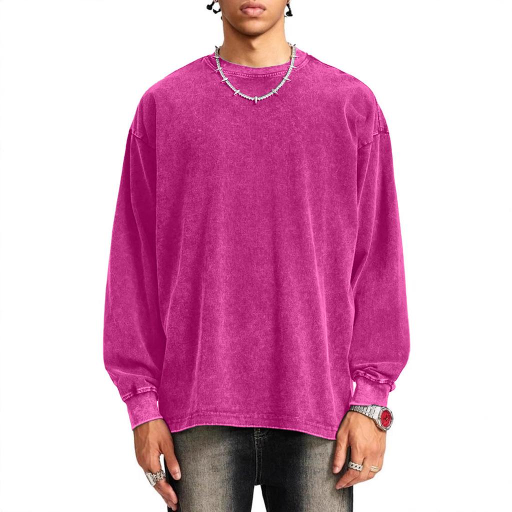 Men's And Women's Casual High-weight Washed Distressed Long-sleeved Men's Off-the-shoulder Retro Loose Round-neck All-cotton Top