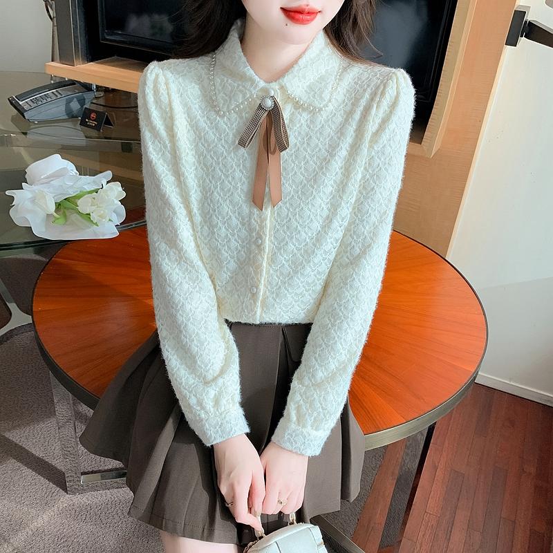 Noua 2024, la modă, iarnă, cu mânecă lungă, cu fundă, cu margele, guler răsturnat, bluză din dantelă, cămașă pentru femei, bluze, cămăși J802