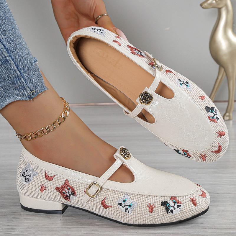 Fashion Low Heel Single Shoes Women's Fashion Round Toe Shallow Mouth Embroidered One Strap Anti-Slip Wear-Resistant Low Top Shoes