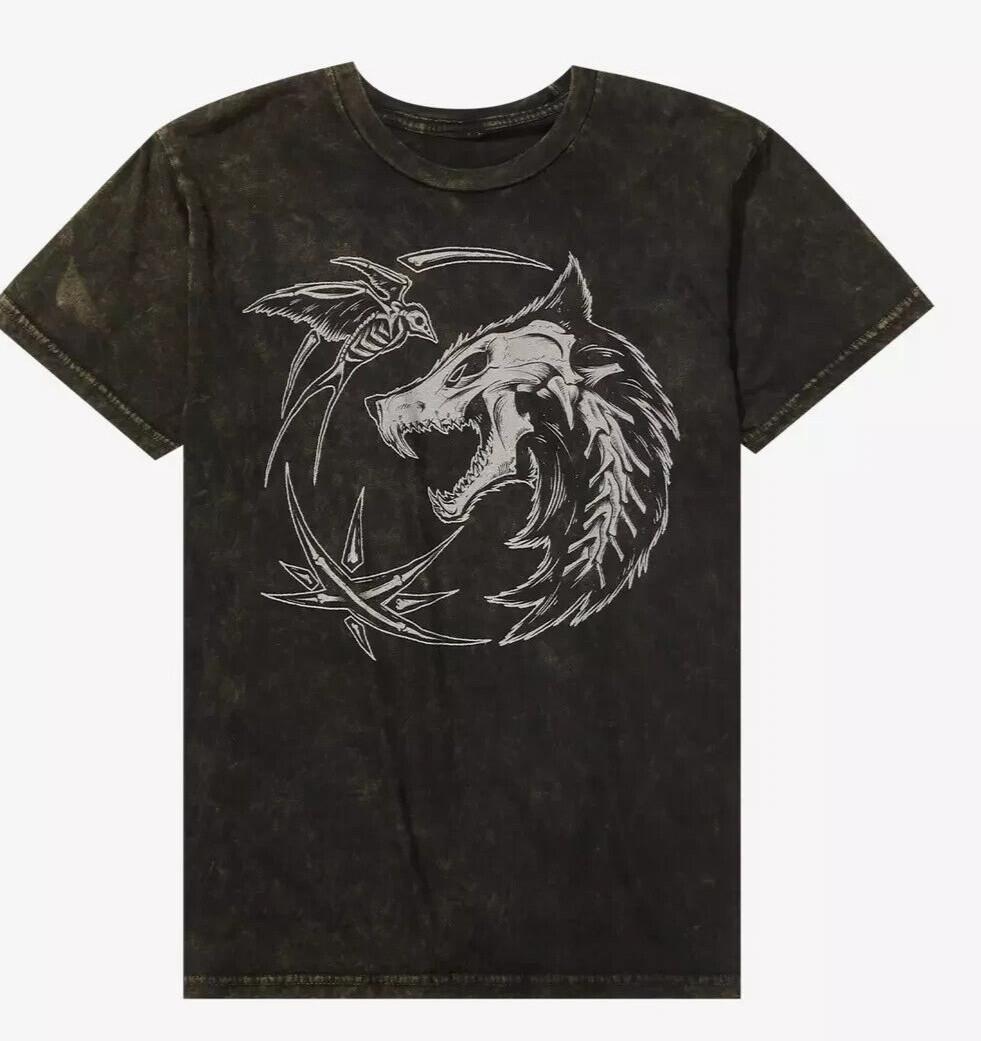The Witcher Mens Mineral Wash Witcher Wolf Bird Skeleton Logo Shirt New S2XL M