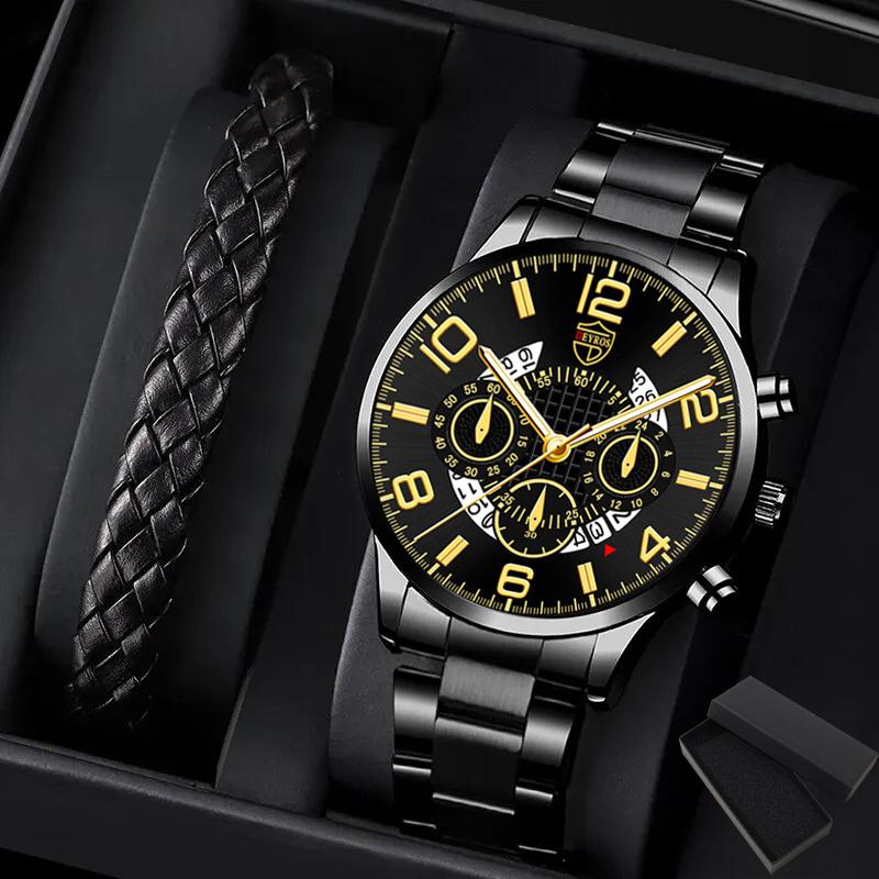 

Набор из 2 предметов, модные мужские часы из нержавеющей стали с кварцевыми деловыми часами, спортивные часы с датой для мужчин, подарок