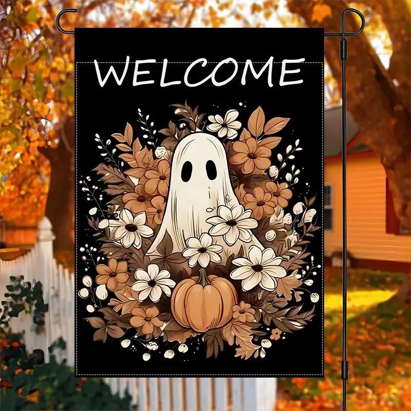 1pc Happy Halloween Garden Flag Cute Ghost Pumpkin Print Suitable for Halloween Yard Outside Decoration No Flag Pole 12X18 Inch