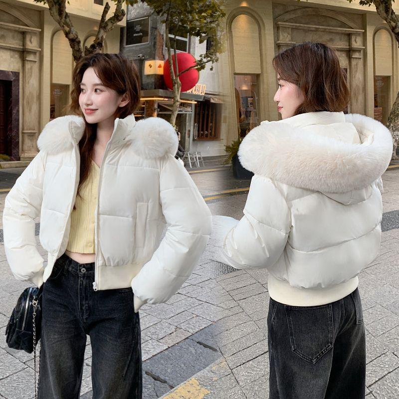 Winter Damen Dicke Taillenbetonende Kurze Jacke mit Warmem Pelzkragen und Kapuze Abnehmbare Kapuze