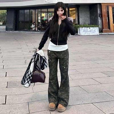 Women's Slim Fit Camouflage Flare Denim Jeans with Multi-Pocket Design for Autumn