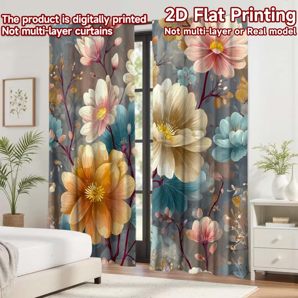 2D Flat Printing 2pcs Curtain Curtains Floral Garden Blooms Digital Printed Polyester Drapes Birthday Party for Parties and