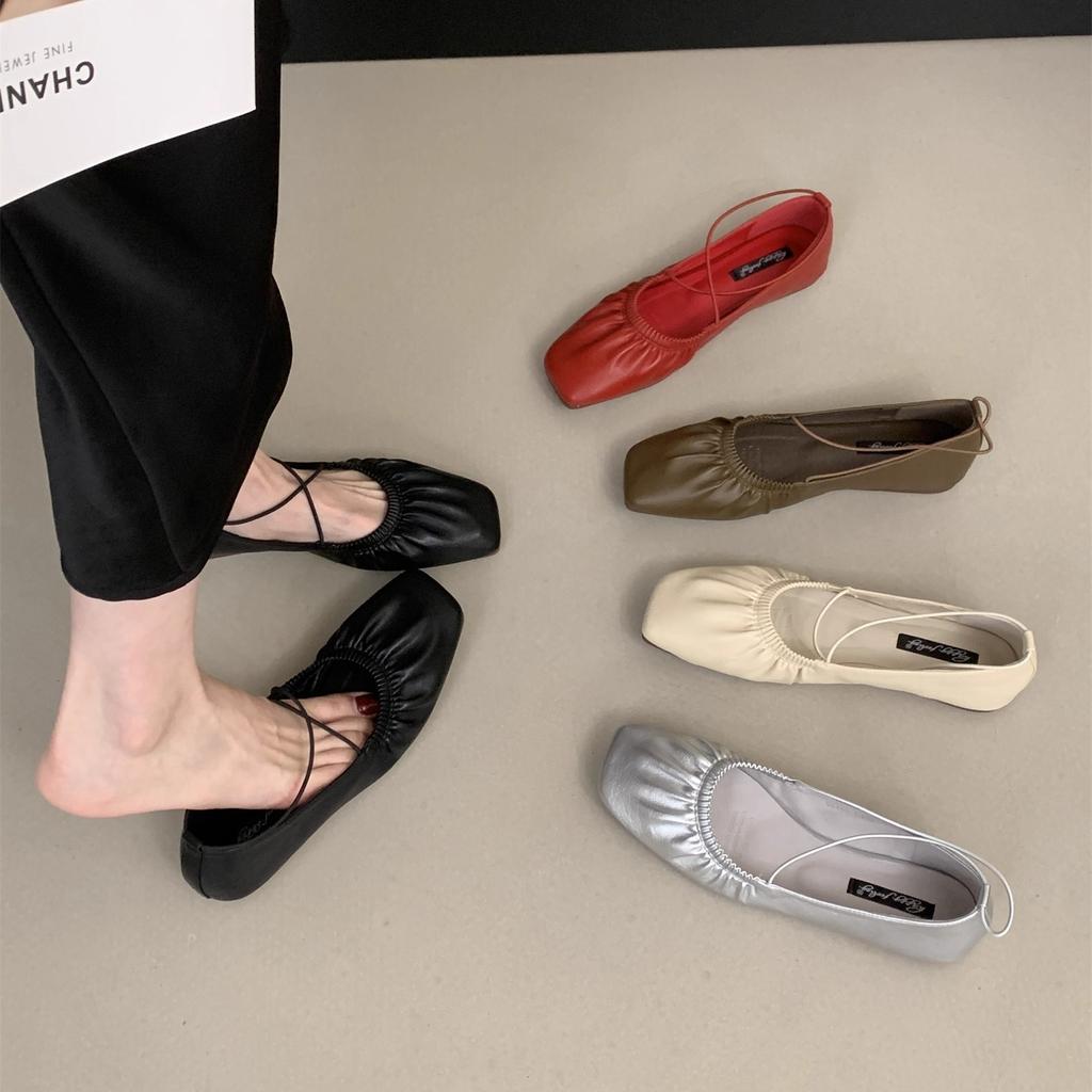 2025 new retro pleated square head retro flat-soled grandma shoes soft-soled single shoes fairy cross-strapped ballet shoes