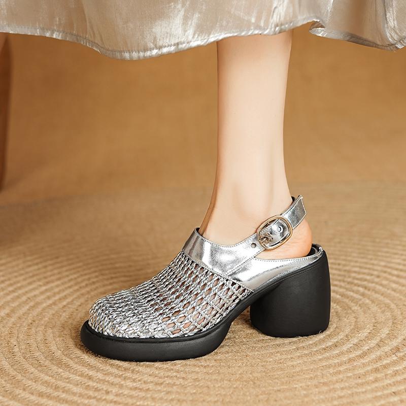 Fashion Women's New Woven Round Toe Genuine Leather Cowhide Thick Sole, Thick Heel, High-heeled Toe, Mueller Sandals, Perforated Shoes