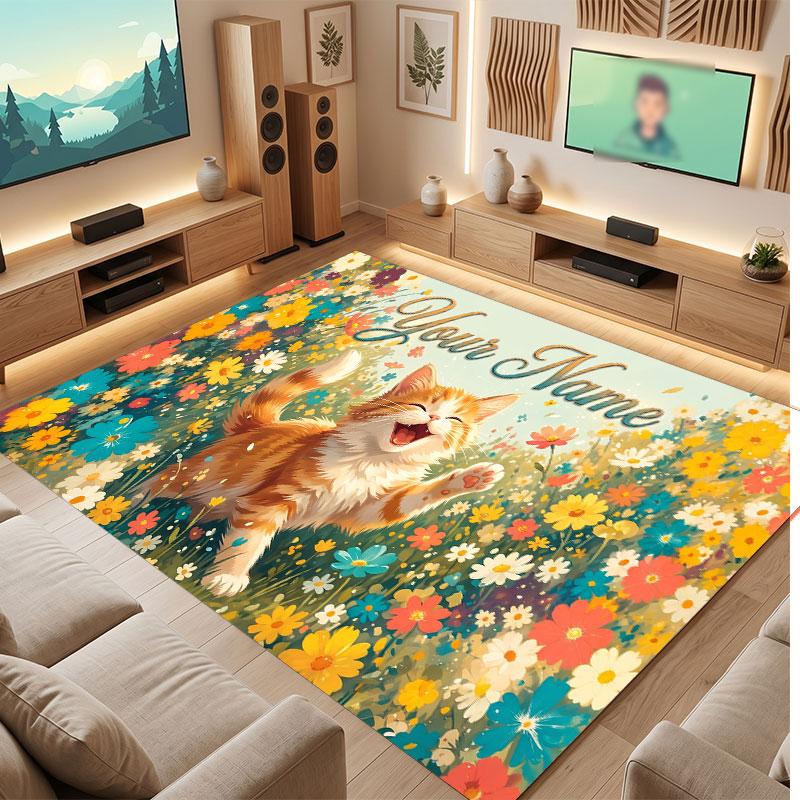 Cat Theme Crystal Velvet Floor Rug Personalized Custom Name Text Warm Carpet Home Decoration