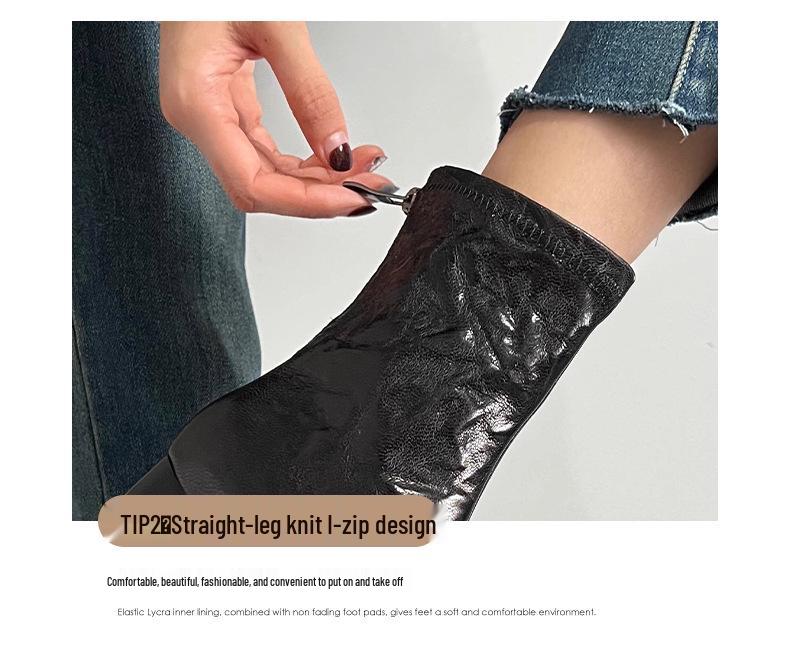 2025 Vinter Dam Franska Retro Ankelstövlar, Handnarvat Mjukt Läder, Liten Storlek, Grov Klack, Smickrande Stil