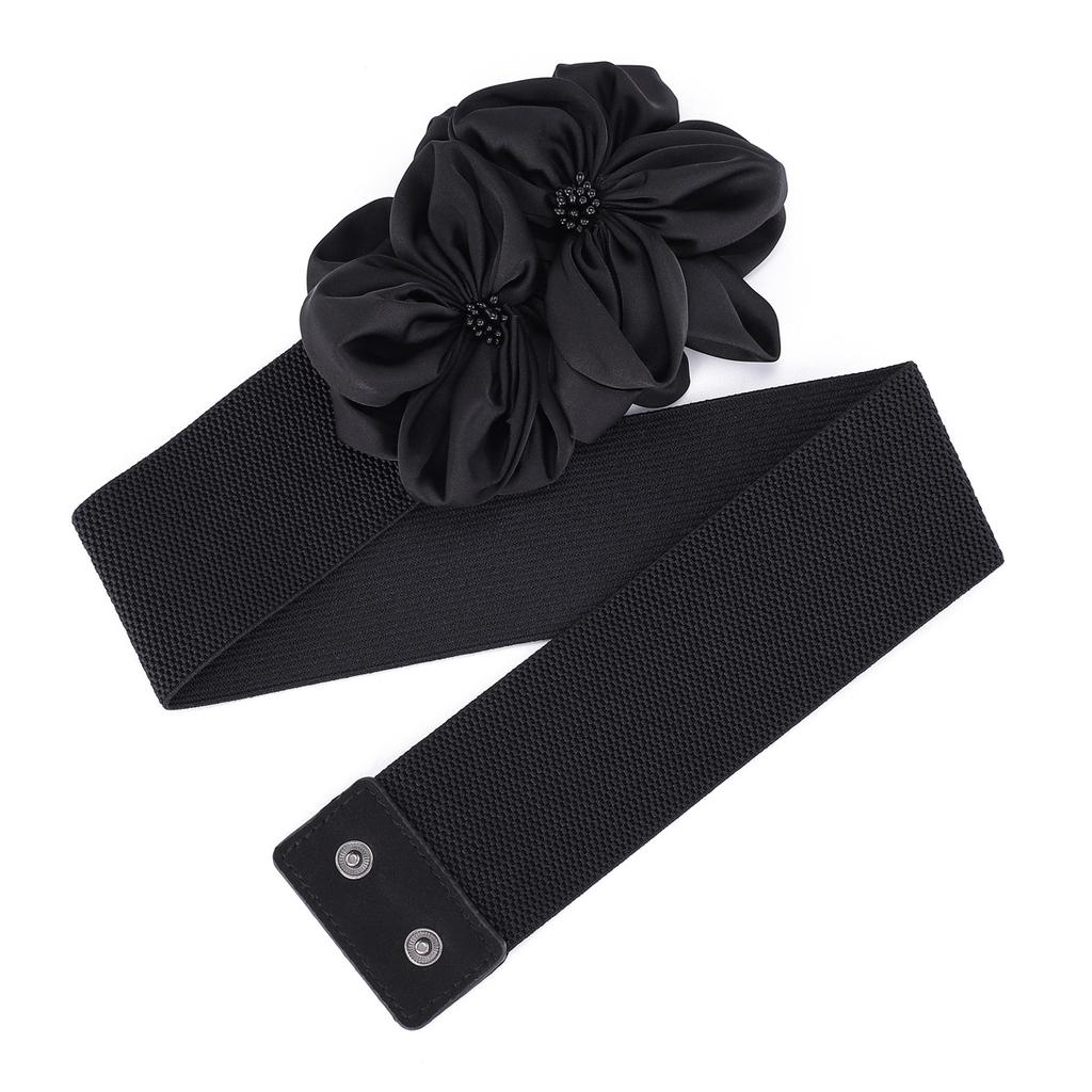 Ladies Flower Decorative Dress Waist Tie Skirt Belt Black Bow Elastic Waist Seal