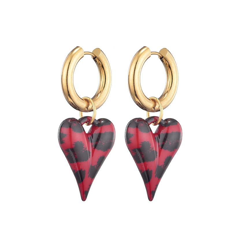 New Fashion Acrylic Resin Leopard Heart Pendant Hoop Earrings Woman Gold Color Thick Stainless Steel Ear Buckle Female Jewelry