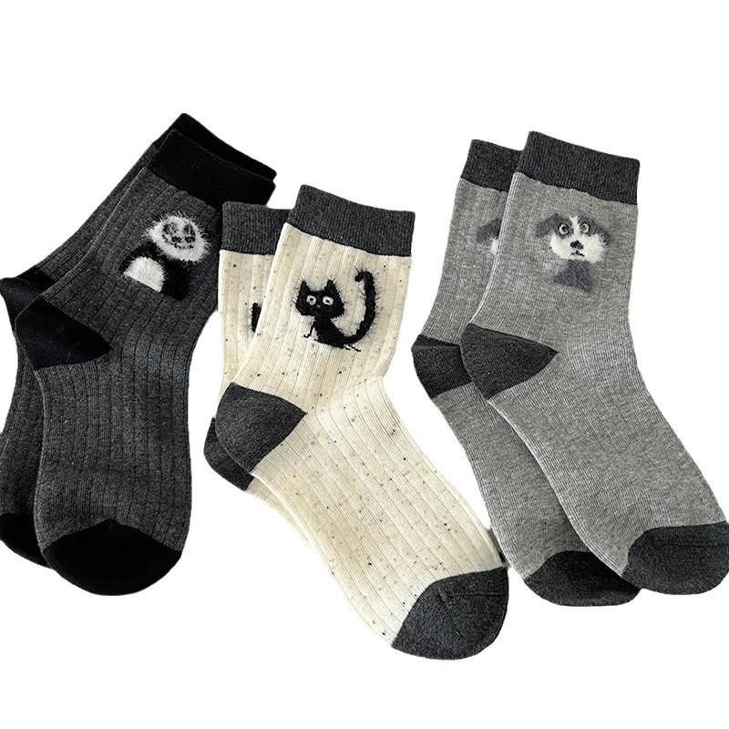 New Ideas for Autumn and Winter of 24 Yarn Socks for Children Cartoon Gray Style Plush Cute Long Tube Cotton Socks