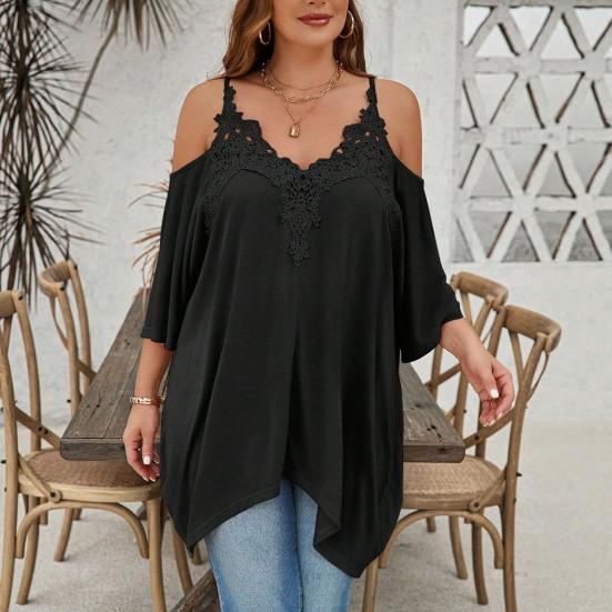 Women Blouse V-Neck 3/4 Sleeves Off Shoulder Straps Pullover Tops Asymmetric Lace Splicing Pure Color Mid-length Summer Tops