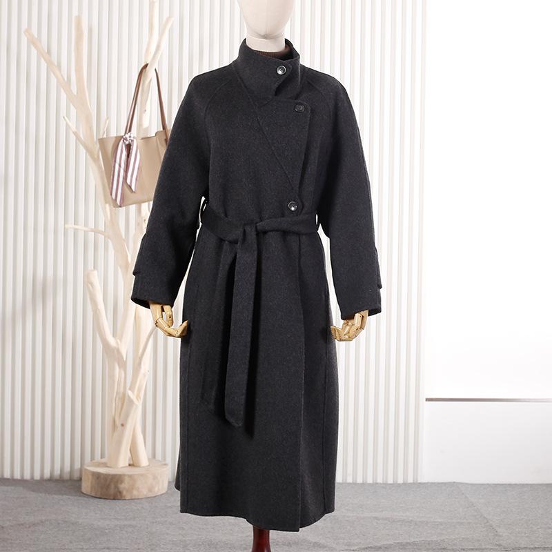 New wool coat stand-up collar lace-up medium and long warm commuter wool double-sided woolen coat jacket