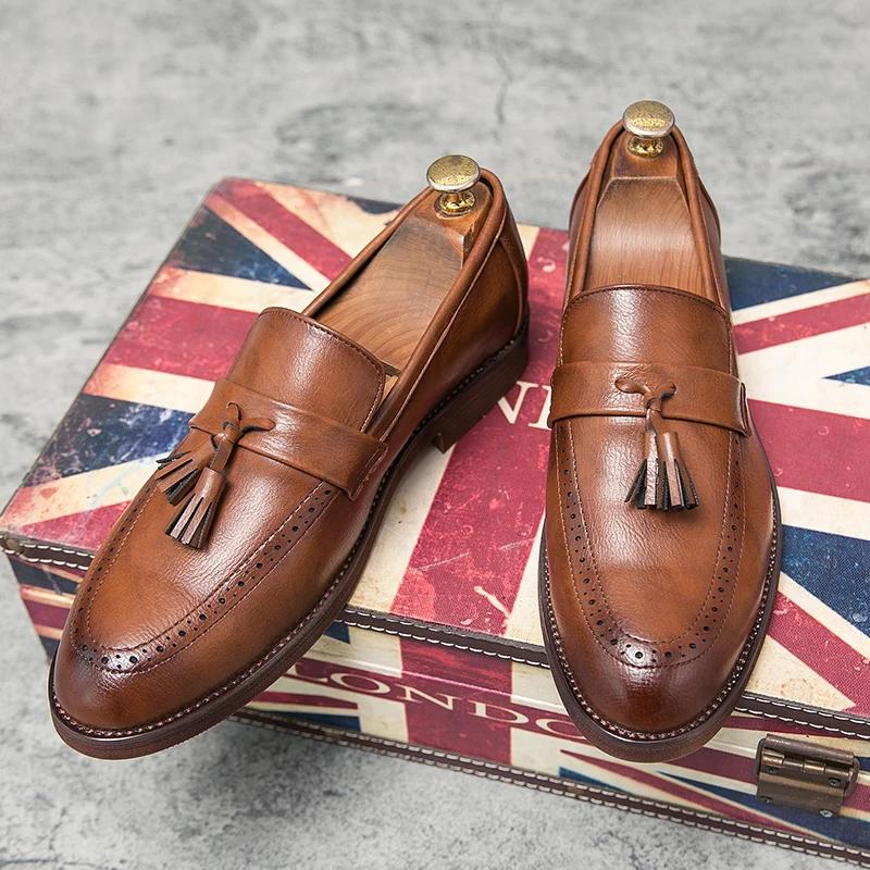 Fashion English Style Brown Leather Shoes Men's Loafers Retro Tassel Leather Shoes Brown Classic Business Office Dress Loafers Big Size