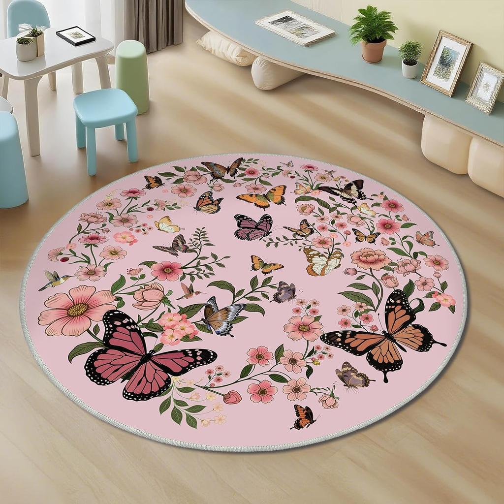 Circular Carpet Butterfly Print  Anti Slip Carpet  Home Decoration  Butterfly and Pink Flower Decoration  Circular Area Carpet