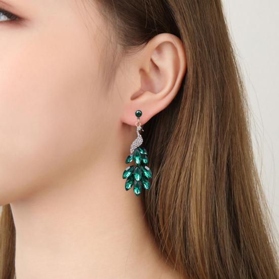 1 Pair Drop Earrings Vintage Rhinestone Peacock Golden Finish Luxury Elegant Green Faux Crystal Feather Dangling Earrings Fashion Jewelry